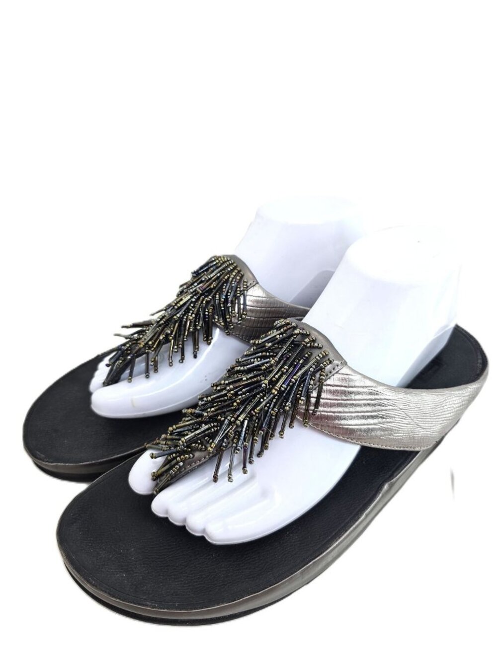 Fitflop Cha Cha Leather Toe Thong Sequin Fringe Comfort Platform Sandals Women 9